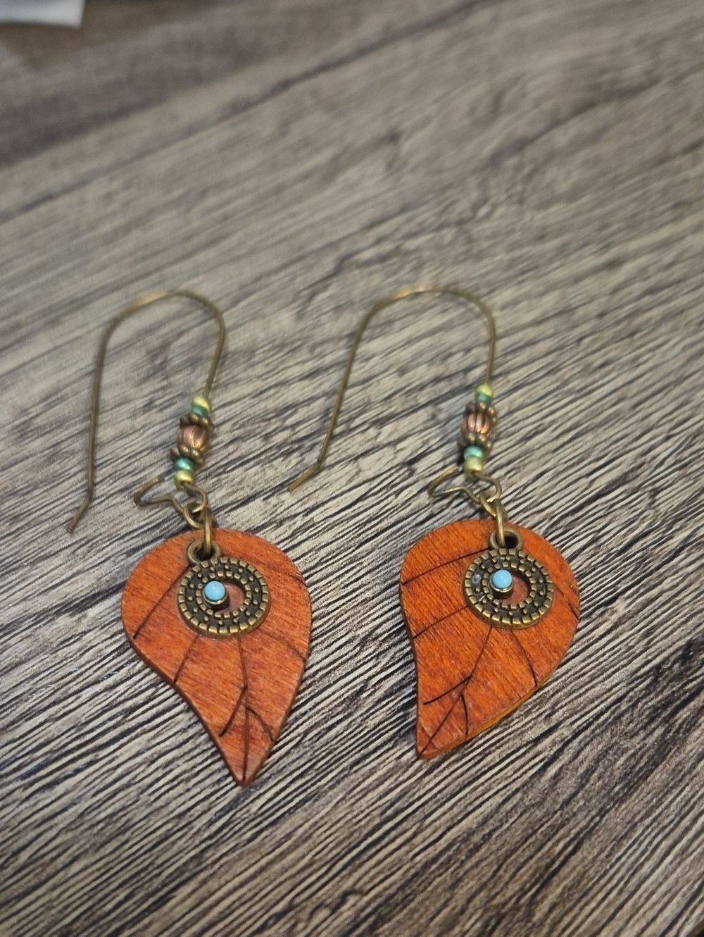 Orange Leaf Earrings with Turquoise Accent